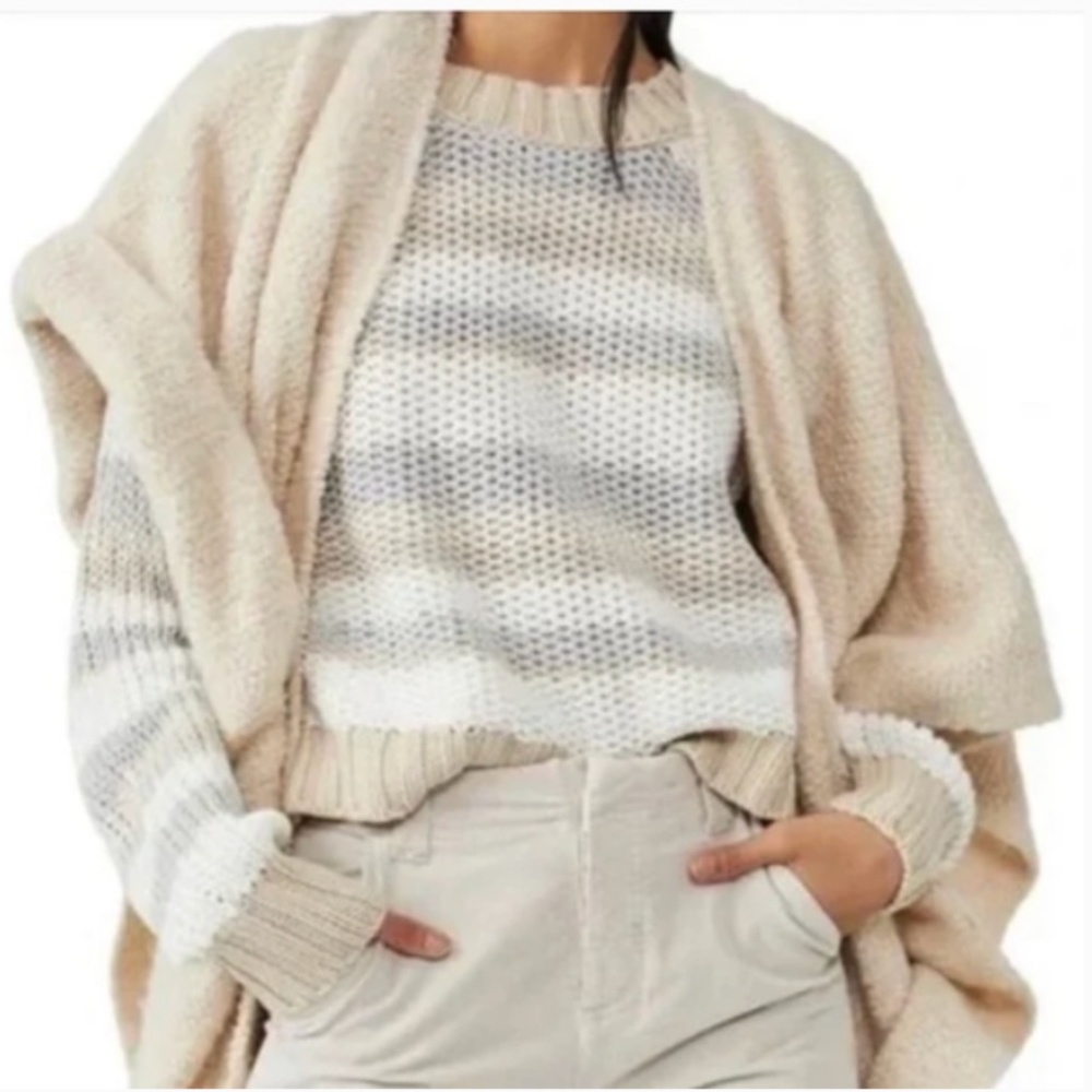 FP Slouchy Sweater Chunky Knit Stripes Turtle Mock Neck Sm S Gray Tan Taupe